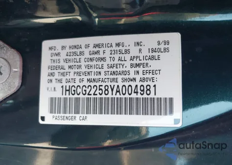 2000 Honda Accord 3.0 Ex from USA, damaged, VIN 1HGCG2258YA004981